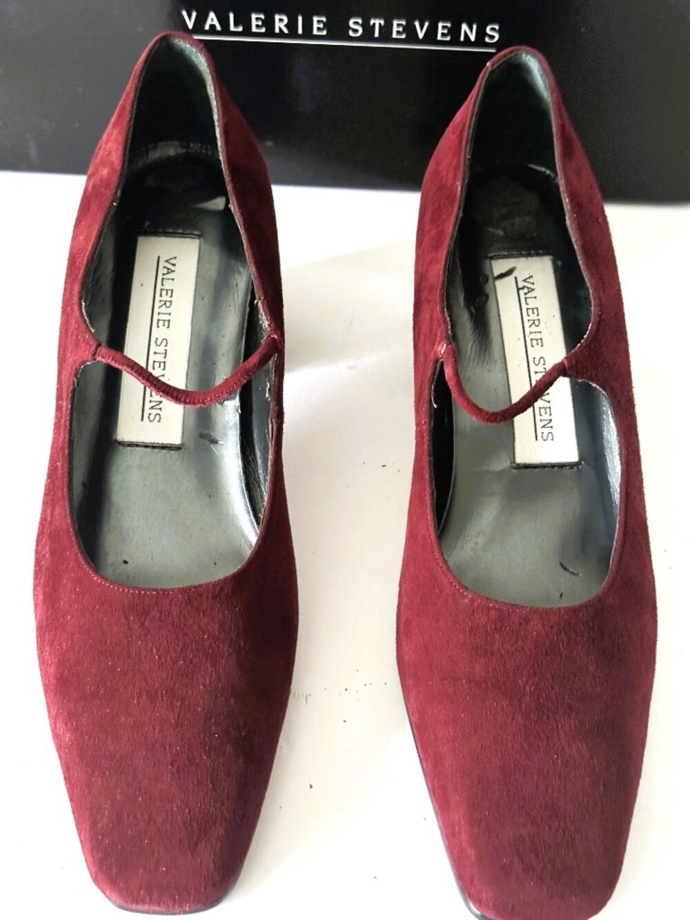 Vintage New in Box, Valerie Stevens Burgundy Suede Mary Jane Heels, Size 7.